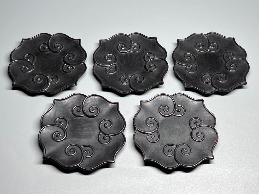 中国古美術　時代物　唐木　五客　茶托　茶道具　木製　巻草紋　浮彫　極細工