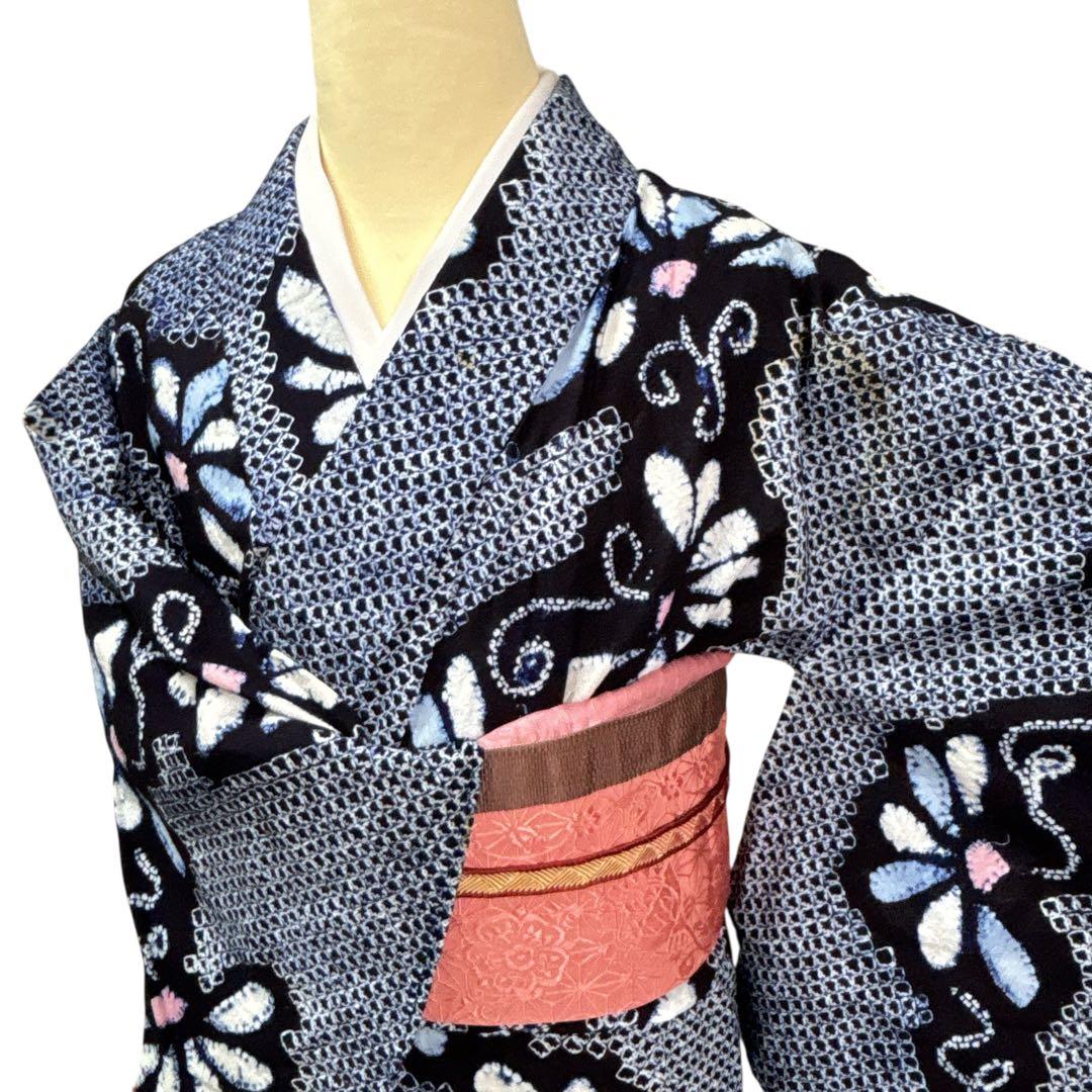 A73有松鳴海絞り 高級浴衣 花 綿　夏着物