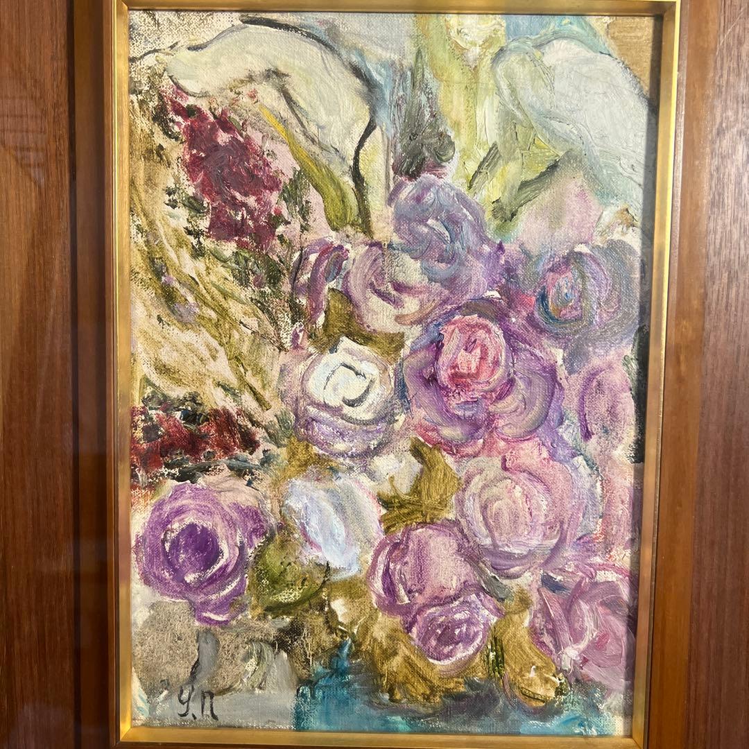 仲田好江　バラの花束 油彩画