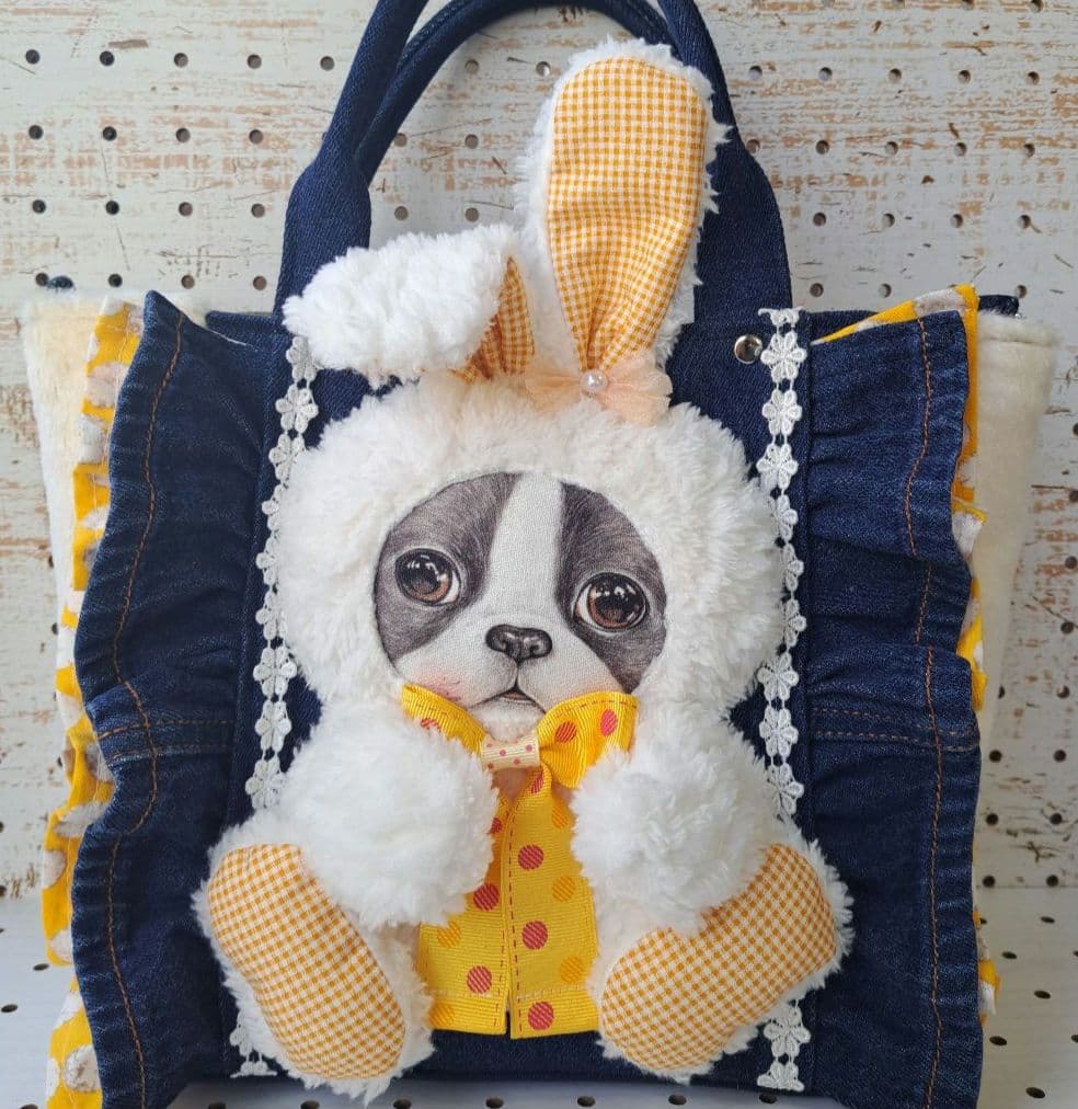 琉*茶様 コヤンイサムチョン　バニー　デニムリメイクフリルトートバッグ