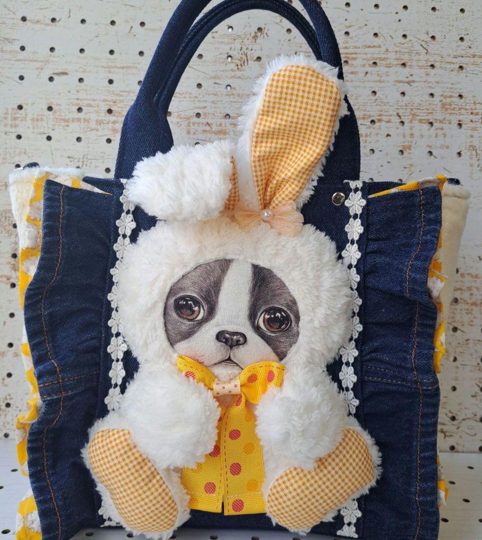 琉*茶様 コヤンイサムチョン　バニー　デニムリメイクフリルトートバッグ