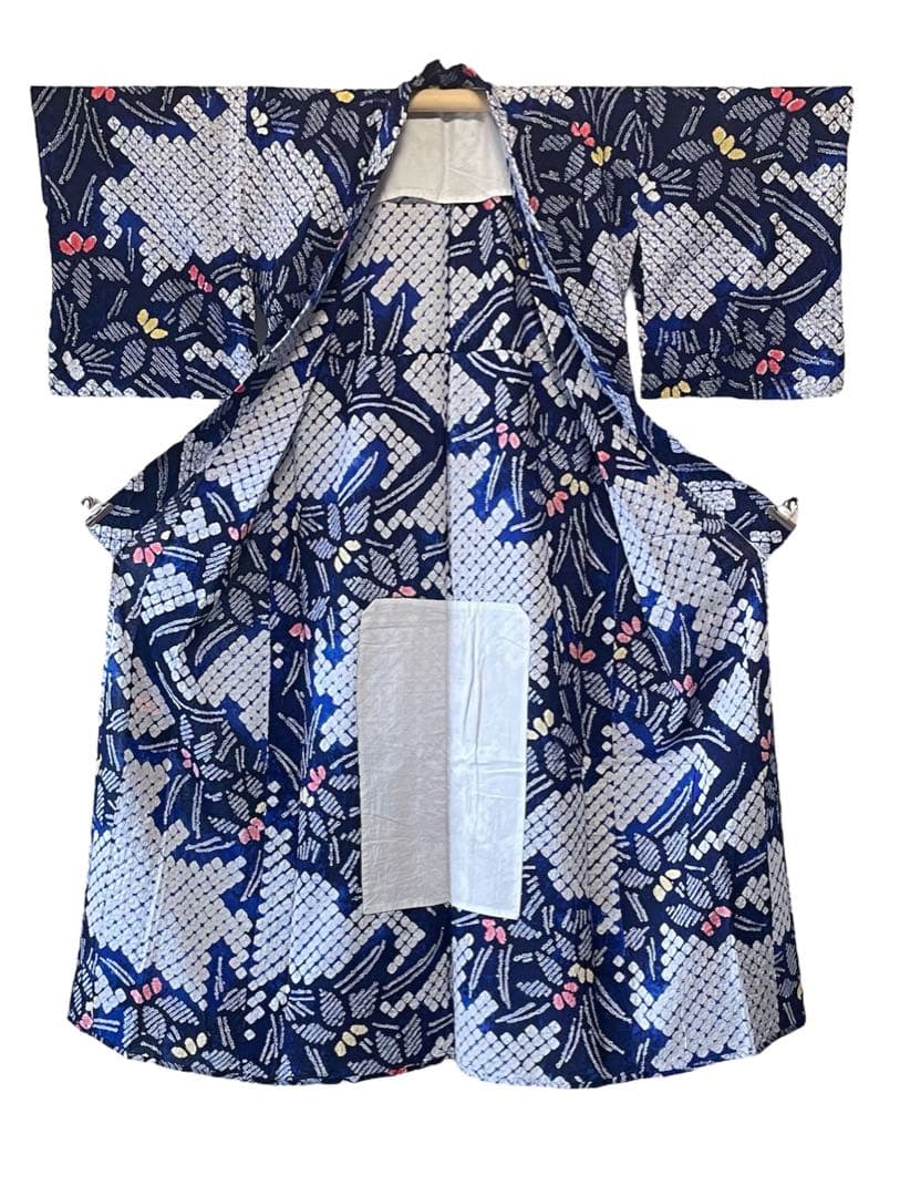 □夏涼浴衣　有松絞り　花柄　藍色　身丈約156.5cm