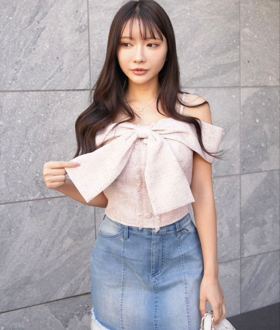 LIP SERVICE ツイードリボンオフショルトップス リップサービス ピンク