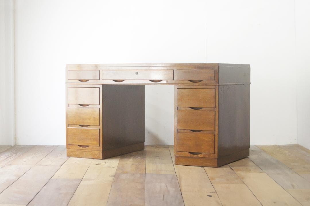 レトロ 両袖デスク 机 書斎 作業台 引き出し 抽斗 9杯 分割可能 木製