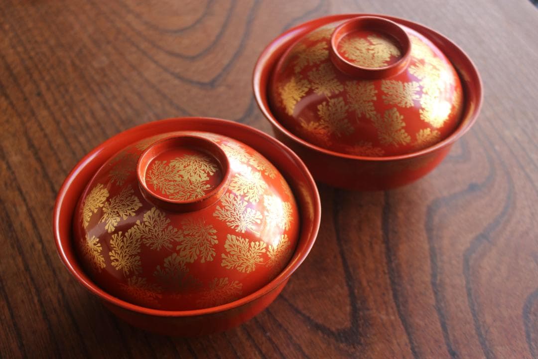 時代逸品！上質朱漆に極上信夫蒔絵の映えるお椀2点（検輪島塗懐石椀蒔絵椀