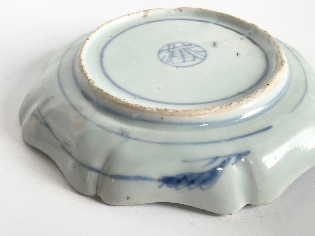 骨董　アンティーク　藍九谷　染付　桃図　輪花縁　小皿　誉印　初期伊万里　古伊万里