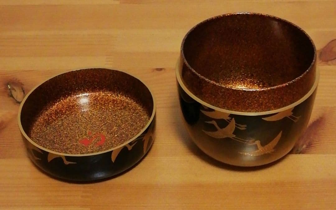 尋牛斎書付　松寛作　郡鶴　蒔絵　梨地　棗　共箱　茶道具