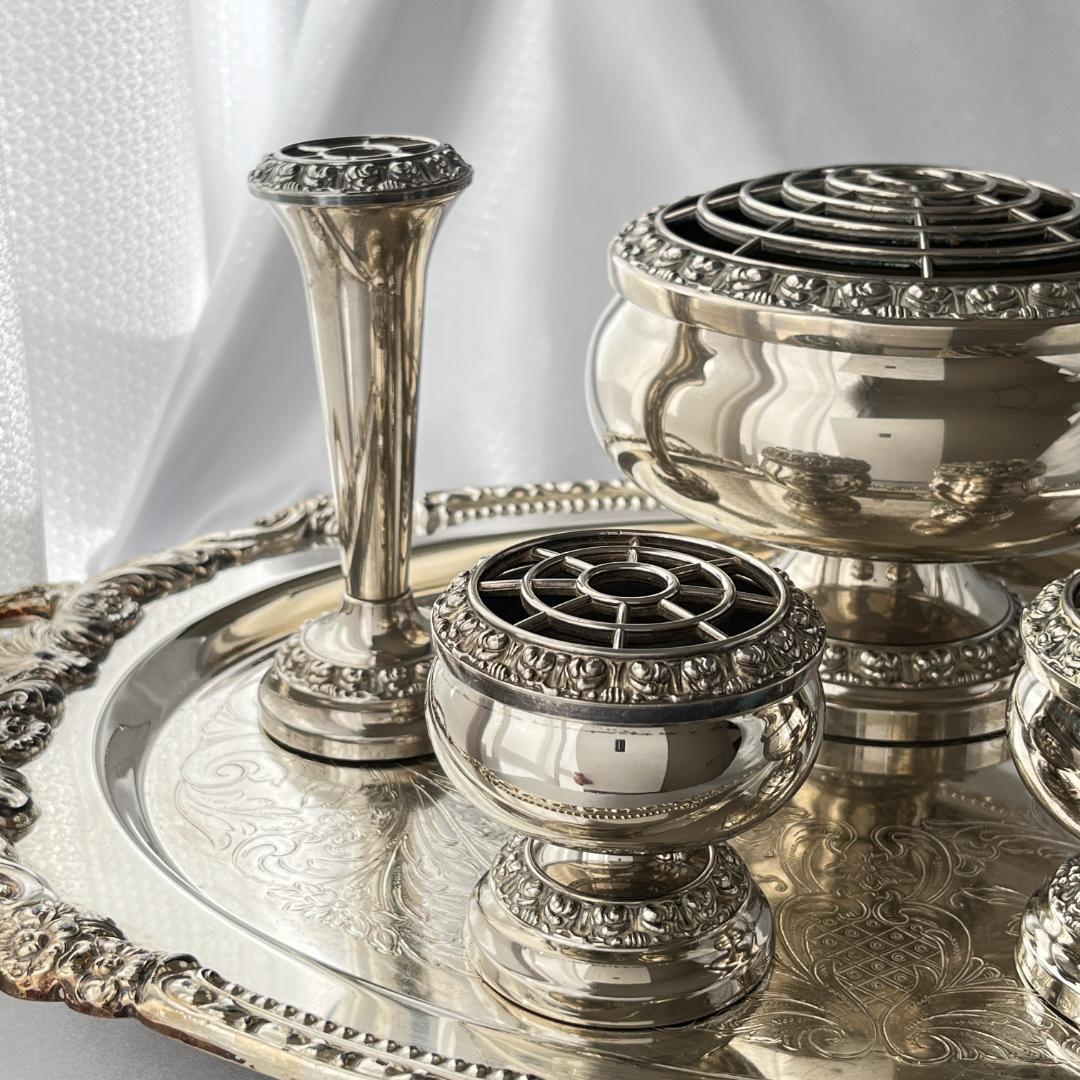 【IANTHE】ローズボウルバラ / 薔薇の花器セット　5点【シルバープレート】