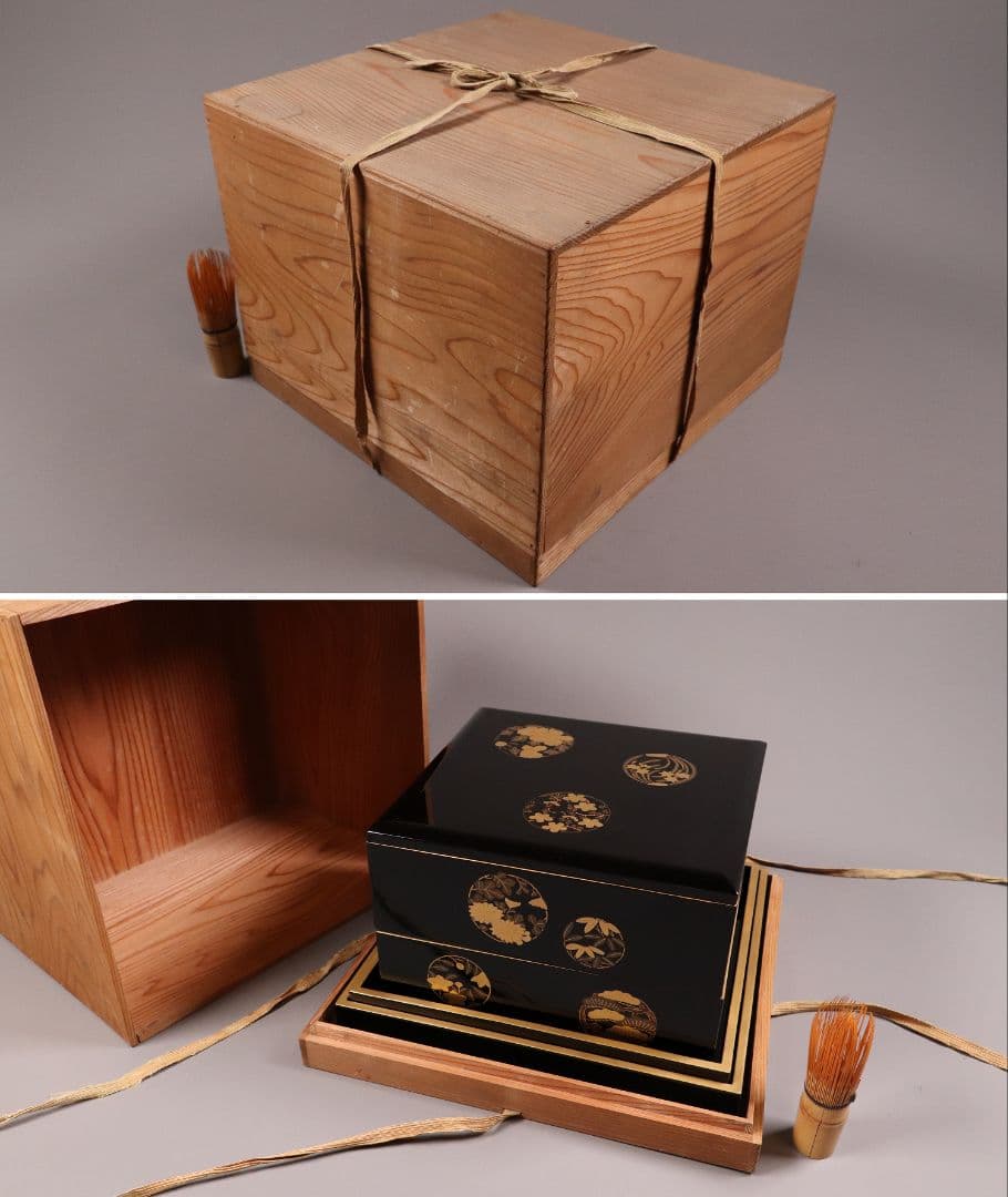 漆芸 木製漆器 丸に草花図 金蒔絵 二段重 重台 黒塗 朱塗 重箱【MA171】