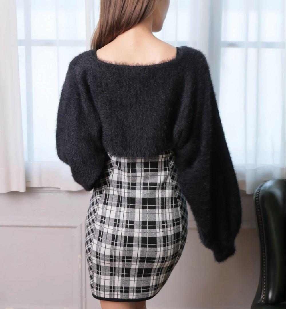 12新品リップサービス定価13090円フェザーチェックアンサンブルワンピース黒S