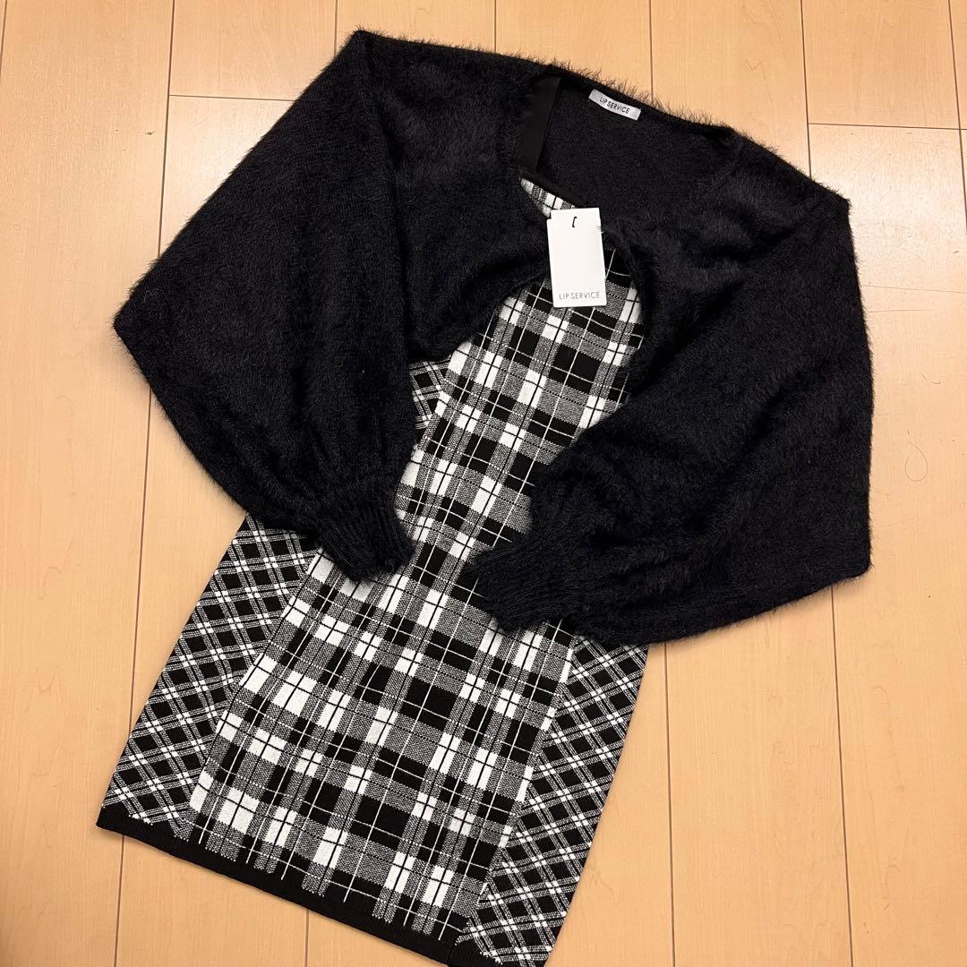 12新品リップサービス定価13090円フェザーチェックアンサンブルワンピース黒S