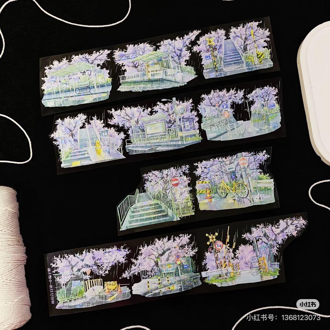 【9102】海外　マステ　3/5/巻　貝殻光マスキングテープ雨景色　街　桜背景系