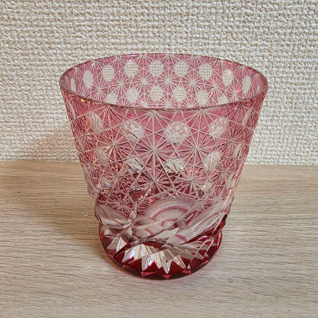 超希少品☆江戸切子 ロックグラス 金赤 花切子
