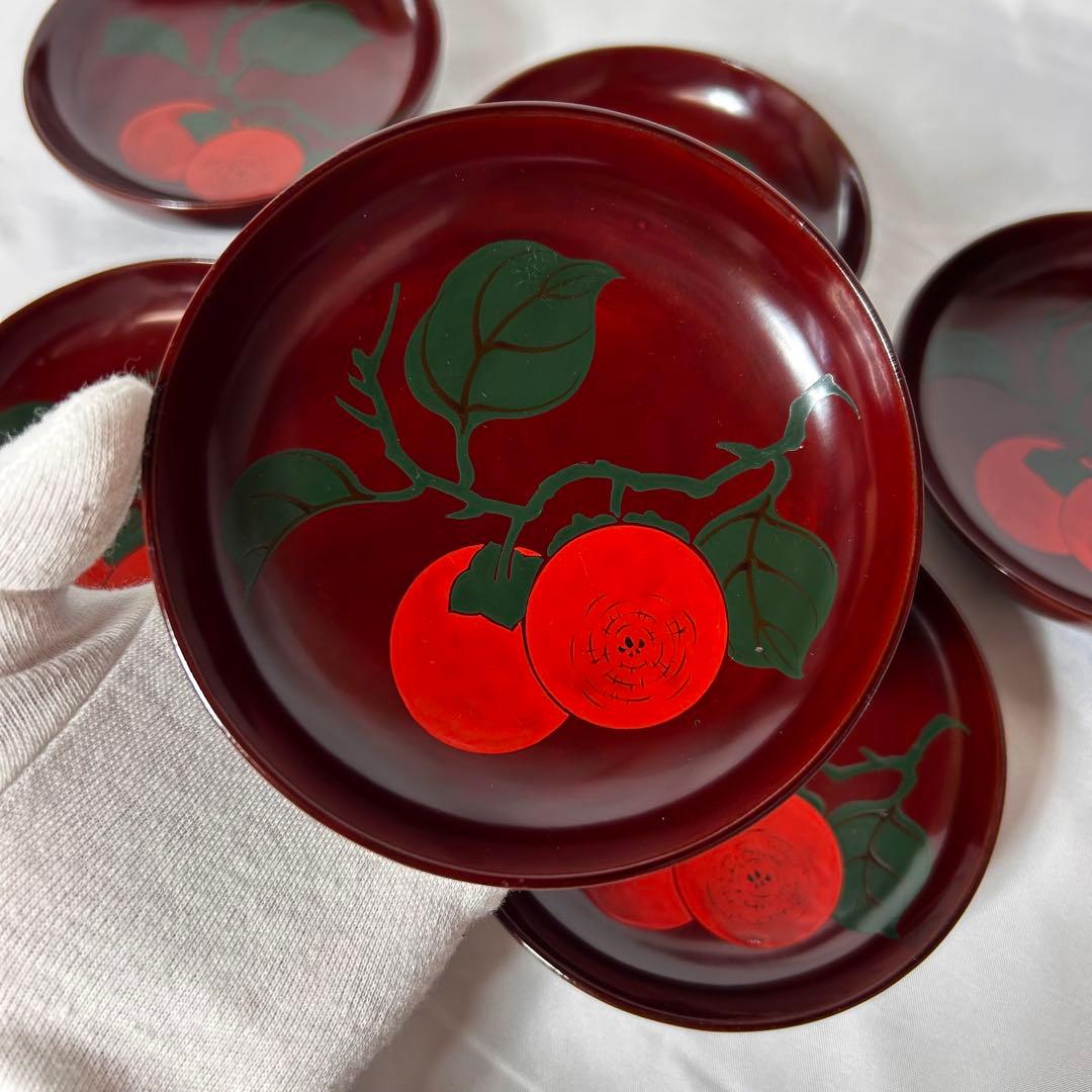 柿の柄がとても美しい【明治時代】の輪島塗 小皿 6枚