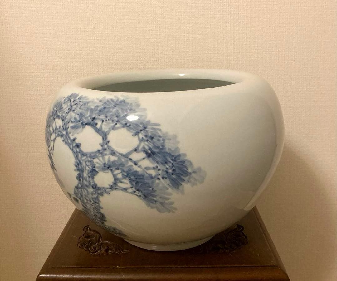 染付　火鉢　鶴　松