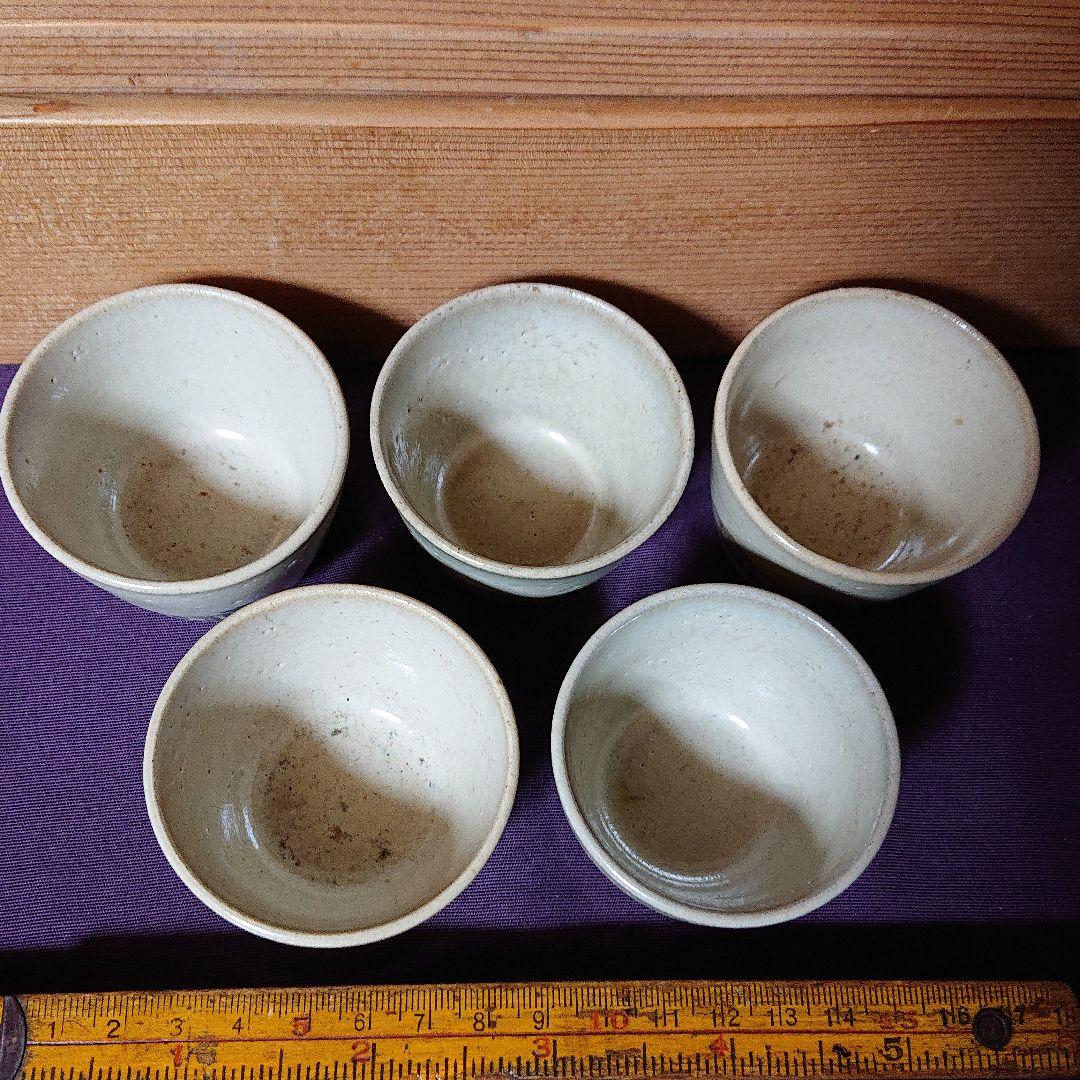 赤ハダ焼    色絵「因果経の図」 猪口 ５客    奈良絵   幕末～明治時代