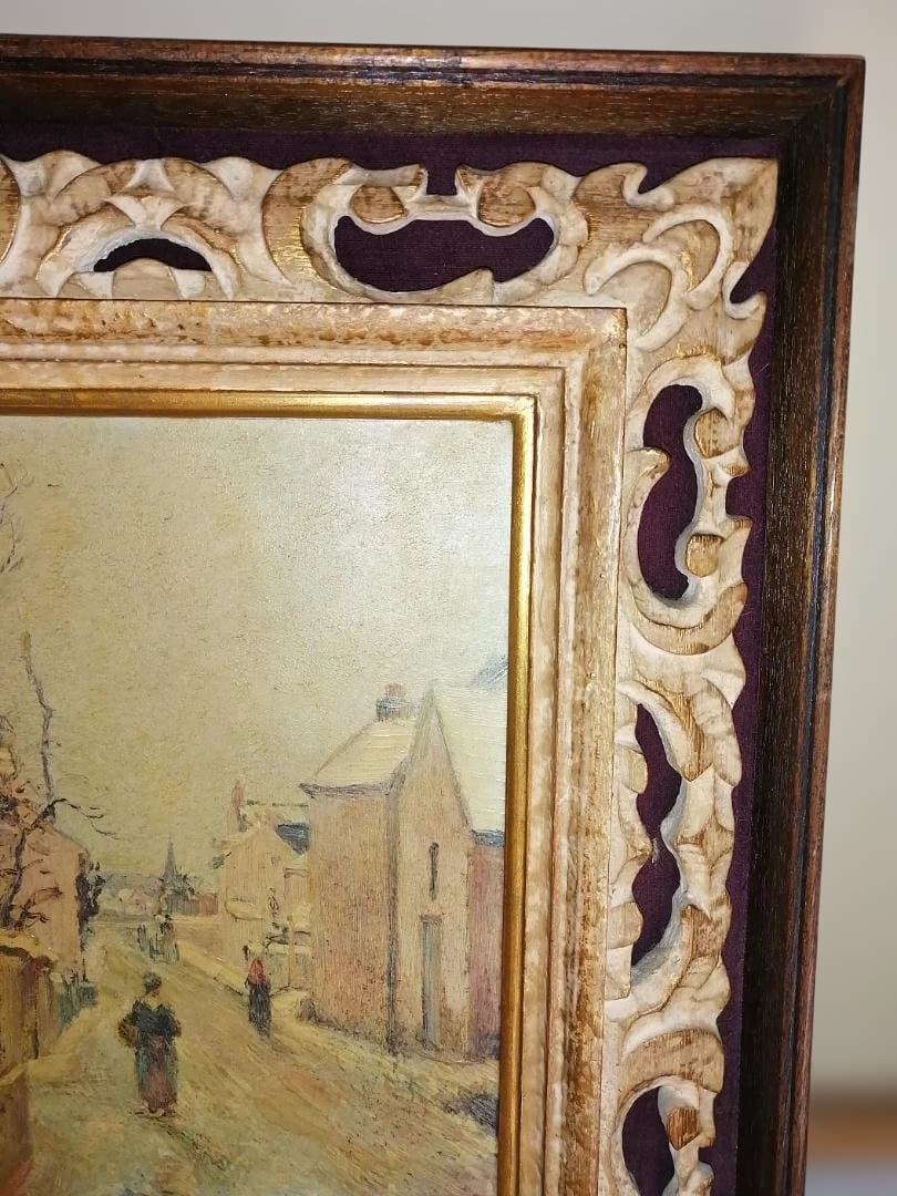 複製画「カミーユ・ピサロ　冬景色」　ヴィンテージ重厚な額付き