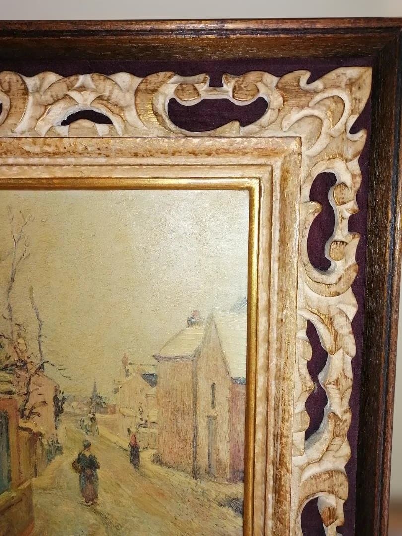 複製画「カミーユ・ピサロ　冬景色」　ヴィンテージ重厚な額付き