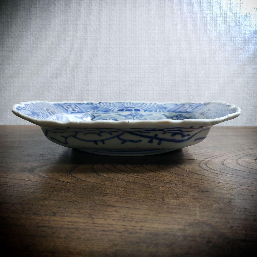 八角皿 隅切角皿 古伊万里 線描き 唐草文様 伊万里染付線描隅切角皿 訳あり