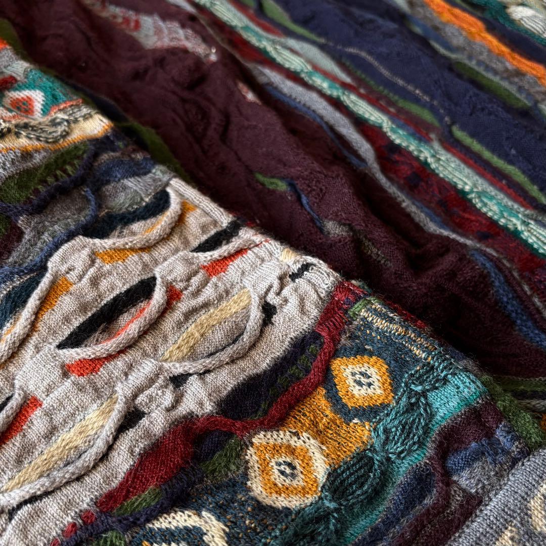 90s COOGI 3Dニット 総柄セーター 幾何学 柄ニット 希少配色 寒色