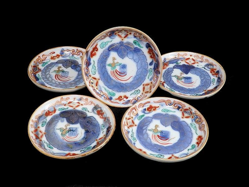 古伊万里　色絵　鳳凰に芭蕉葉の図　手塩皿　５枚　C193AS-VVu