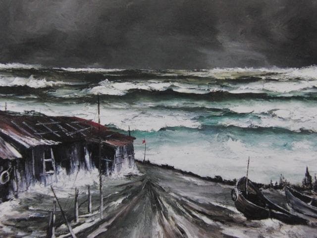 髙野元孝、【北の漁村】、希少な大判額装用画集より、美品、日本人画家