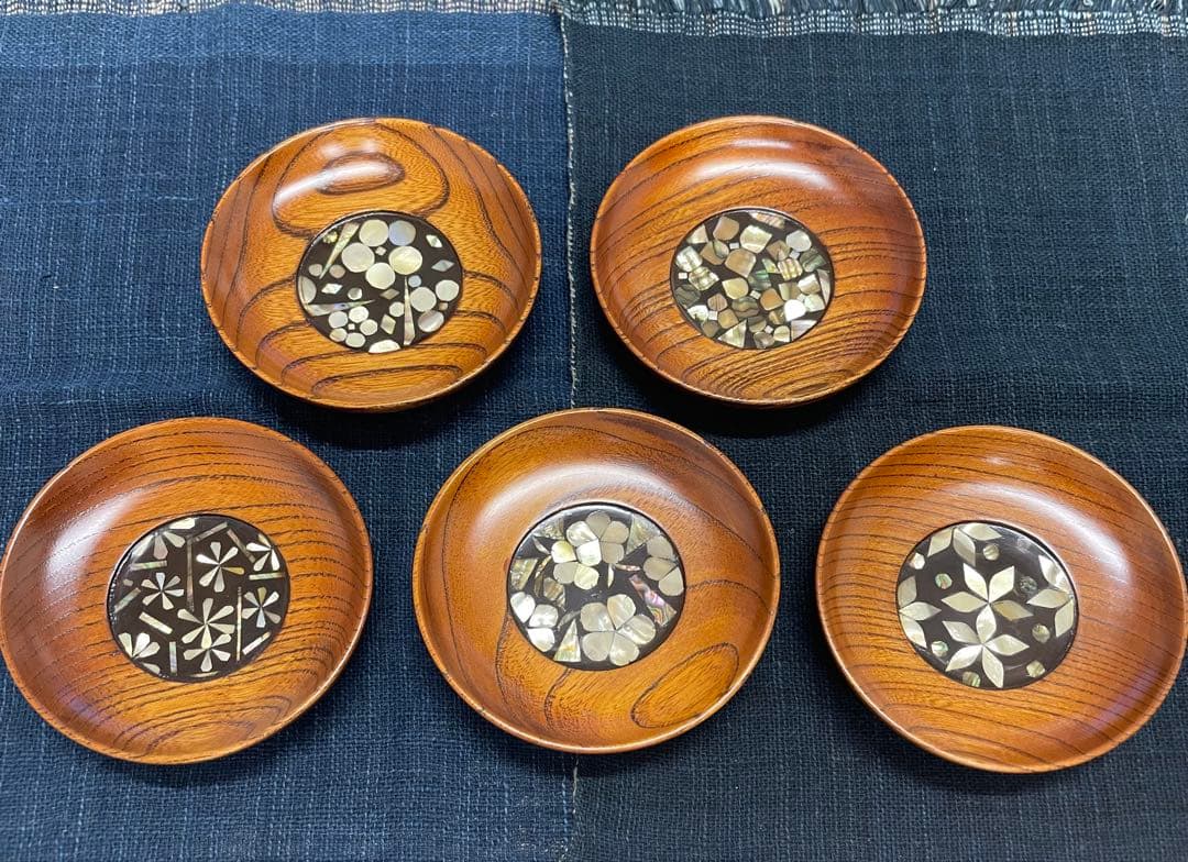 小島雄四郎さん　螺鈿　欅　小皿　茶托　5客セット