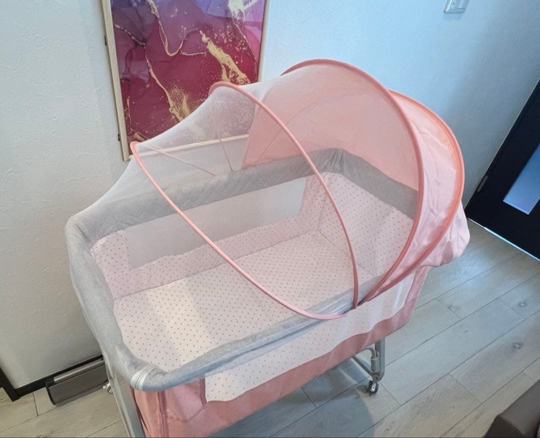 ベビーベッド 添い寝 新生児ベッド 調節可能 蚊帳付 ピンク キャスター付き