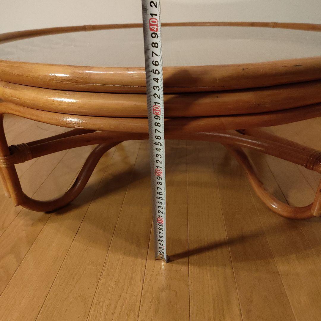 ラタン 藤 ガラス天板 丸テーブル 座卓 レトロ モダン 直径約90cm