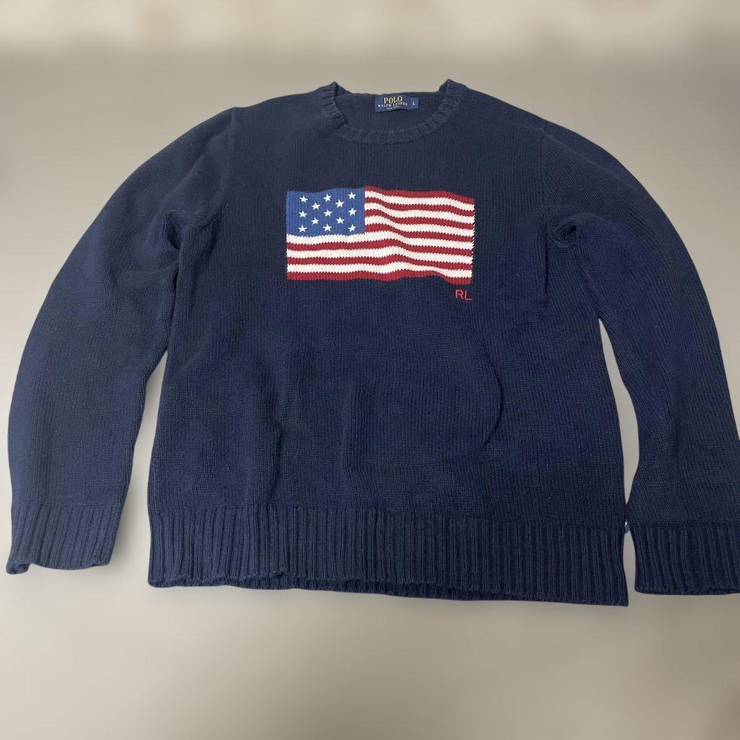 【美品】Ralph Lauren 米国製 星条旗 ニットセーター L 紺