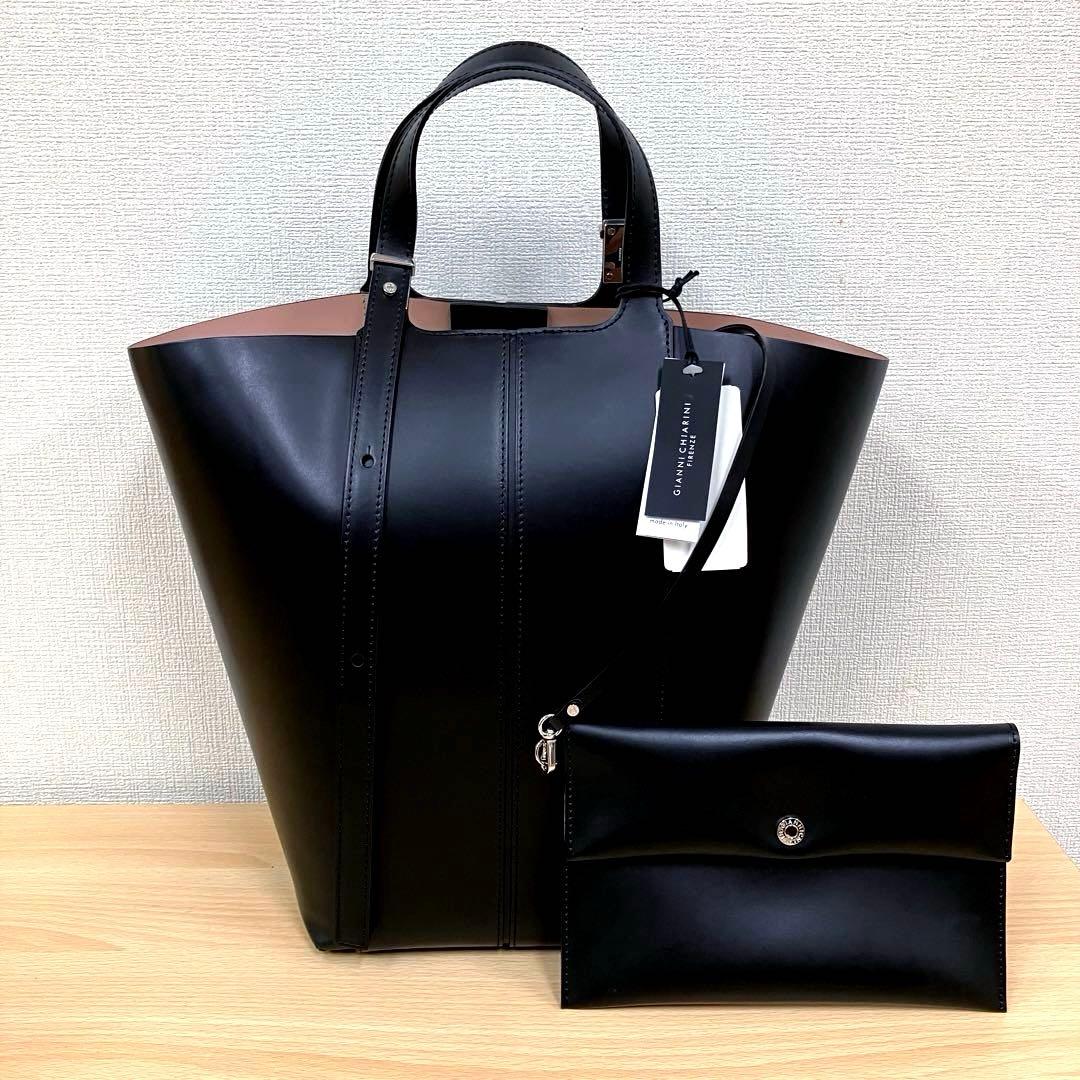 新品タグ付ジャンニキアリーニ◆本革トートバッグ大きめ希少サイズ黒6万イタリア製