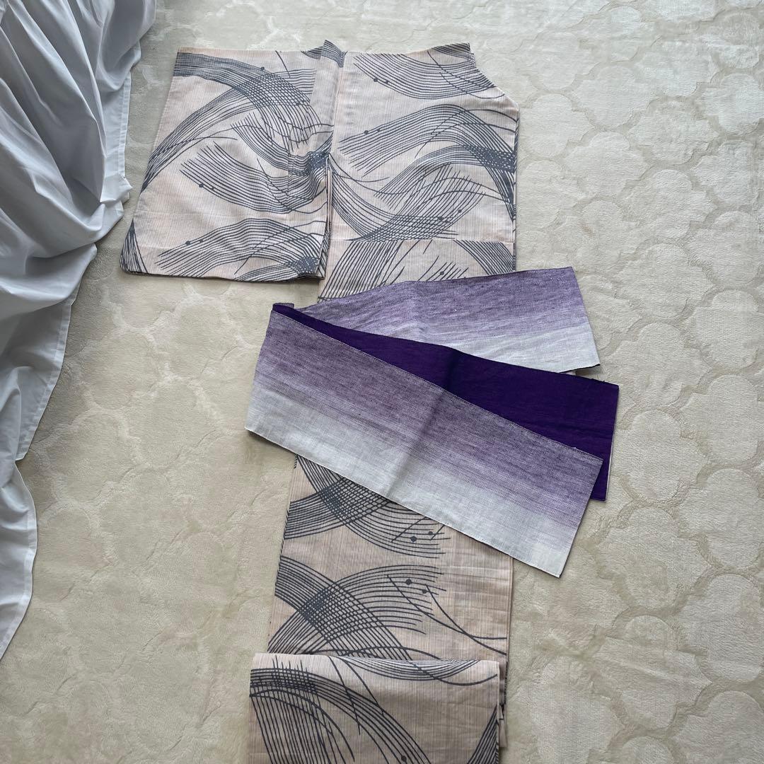 波模様浴衣・グラデーション紫帯セット