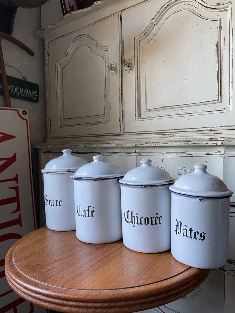 リー様専門　アンティーク　ホーロー　キャニスター　4個　ホワイト　美しい文字　白