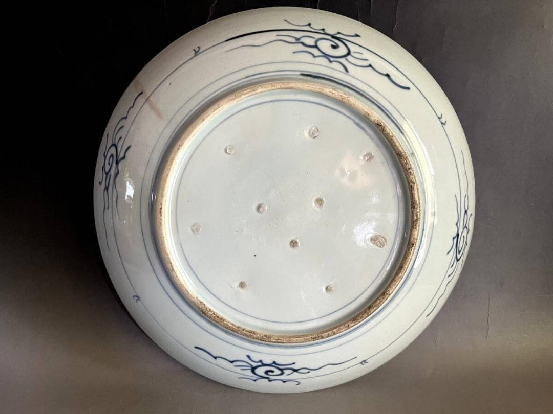 大皿■丸窓絵魚紋染付大皿 鳥 有田 古伊万里 (明治～大正期)骨董■34.8cm