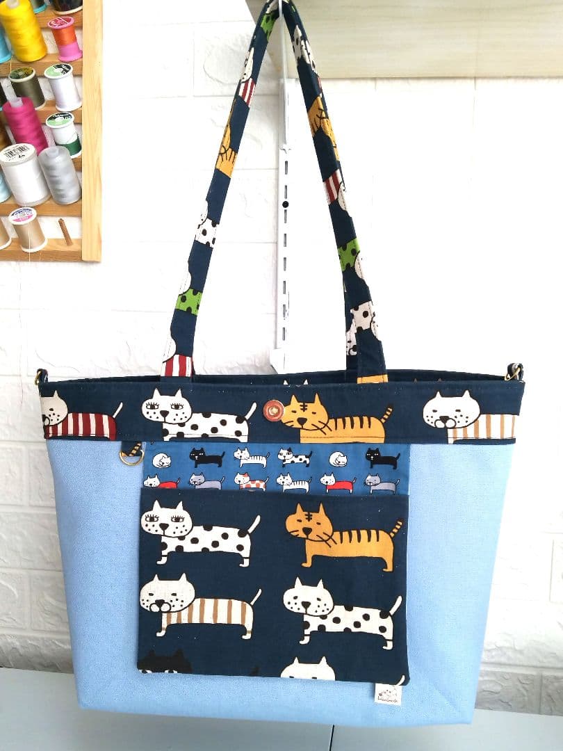 A4対応 マチ広横トートバッグセット コットンこばやしビッグ猫柄ご要望生地使用