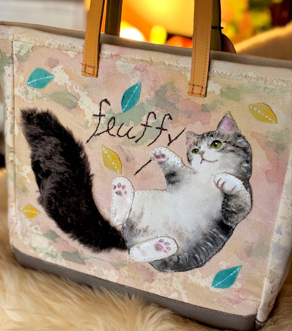 (手づくり)\"ふわふわ軽いネコ\"アップリケねこトートバッグ