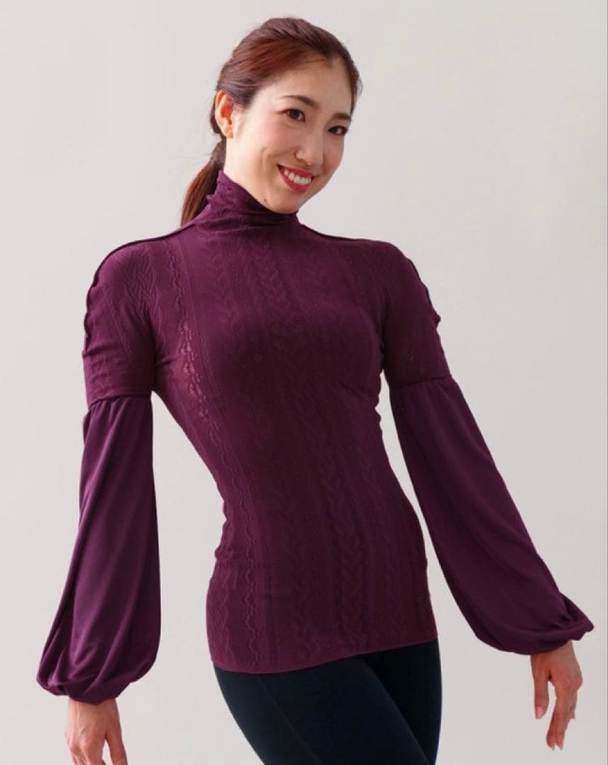 チャコット　ノーソーイングニット　ドレープスリーブハイネックトップ　プラム　③