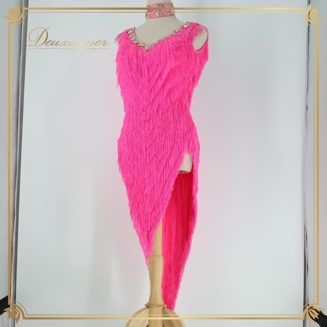 【社交ダンス衣装】ピンク ラテン ドレス ワンピース フリンジ 蛍光 デモ 競技