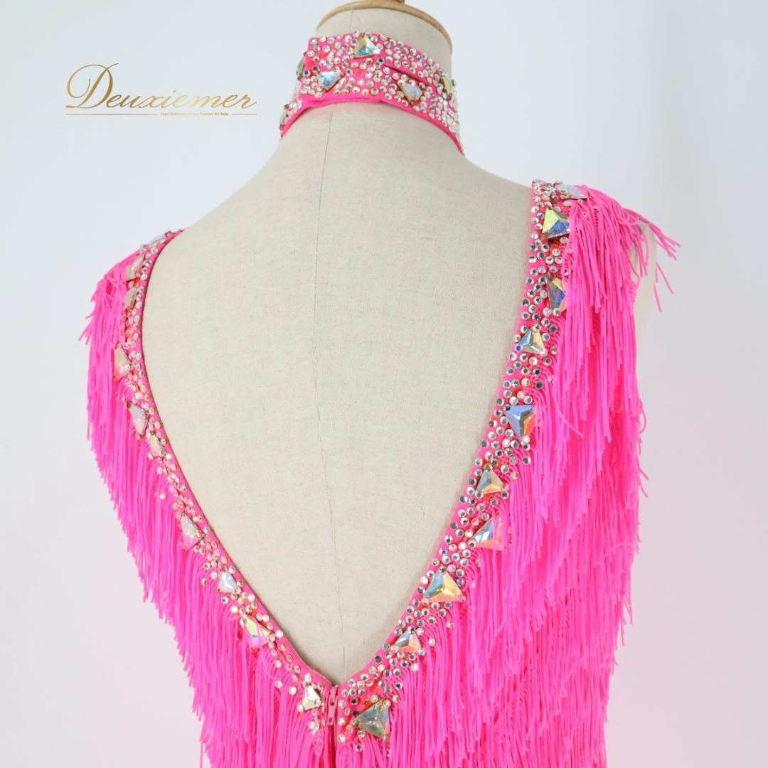 【社交ダンス衣装】ピンク ラテン ドレス ワンピース フリンジ 蛍光 デモ 競技