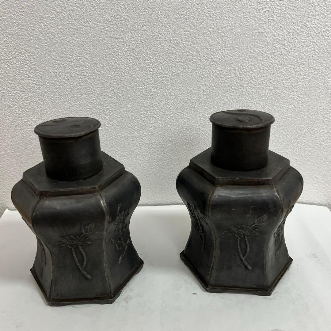 時代物 茶道具 唐物 在銘 点銅 錫 茶心壺 茶入一対 煎茶道具 旧家蔵出