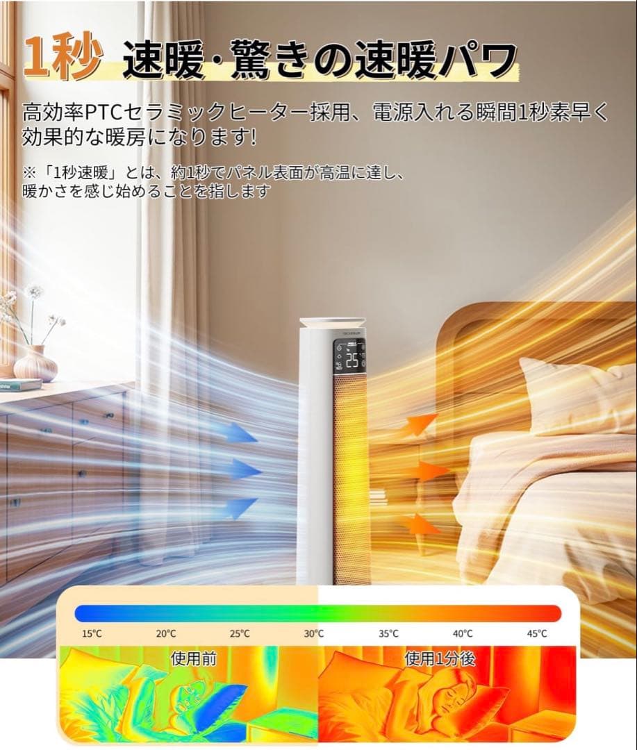 セラミックヒーター【1秒速暖・ECO恒温省エネ節電対策】大風量 3段階温度調整