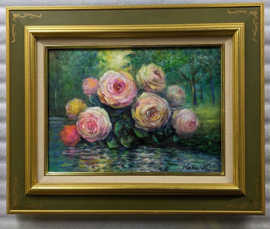 画家haru☆油彩画F4号☆水面に咲く薔薇☆原画★一点物☆