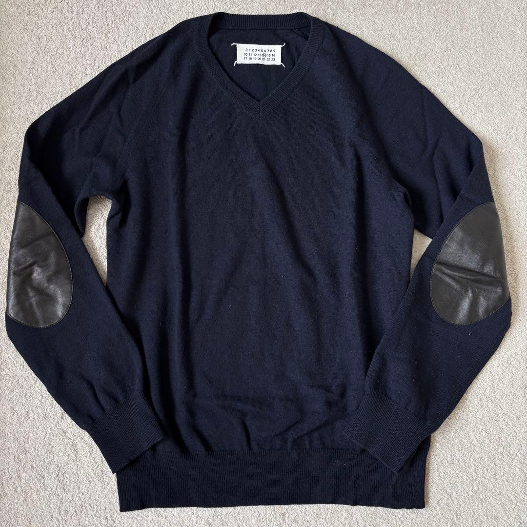 本人期 マルタンマルジェラ エルボーパッチニット ネイビー 羊革 14 Vネック
