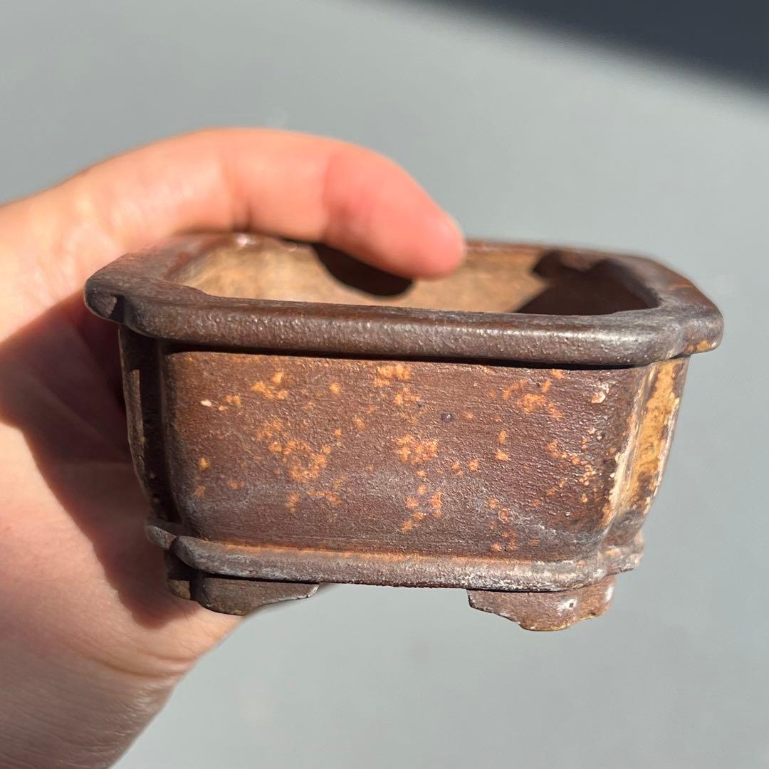 736.平安虹泉 梨皮紫泥隅角段足長方 盆栽鉢 植木鉢 9.4*7.6*4cm