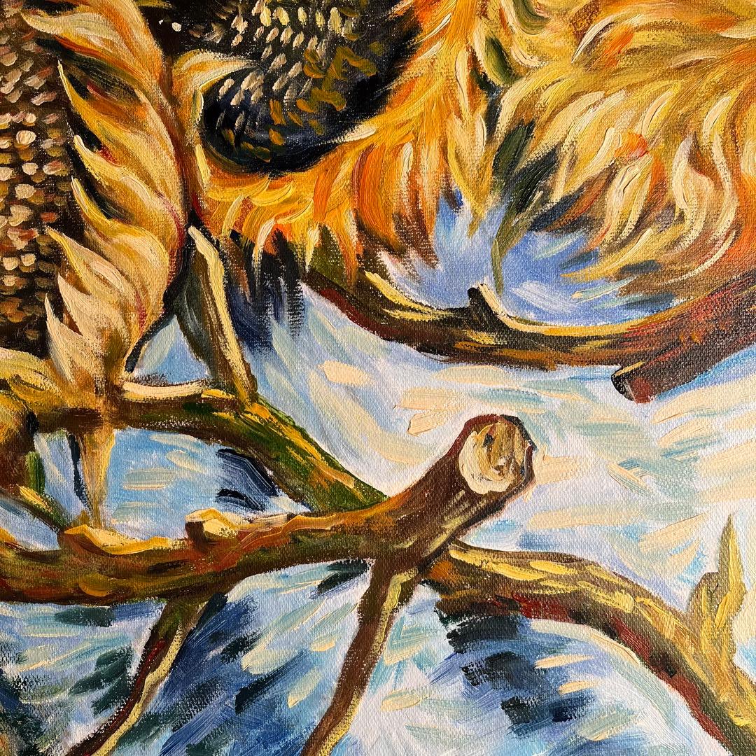 ★秀作★ （大）手書き油絵 ゴッホ 4本の切ったひまわり 肉筆絵画 額付 油彩画