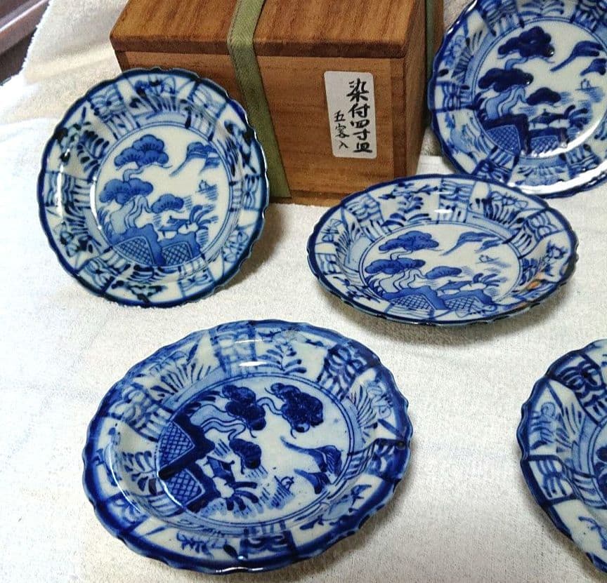 古伊万里染付輪花4寸皿5客A478