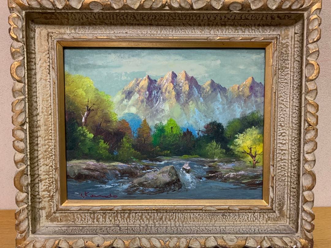 【美術品】山と川の自然・風景油彩絵