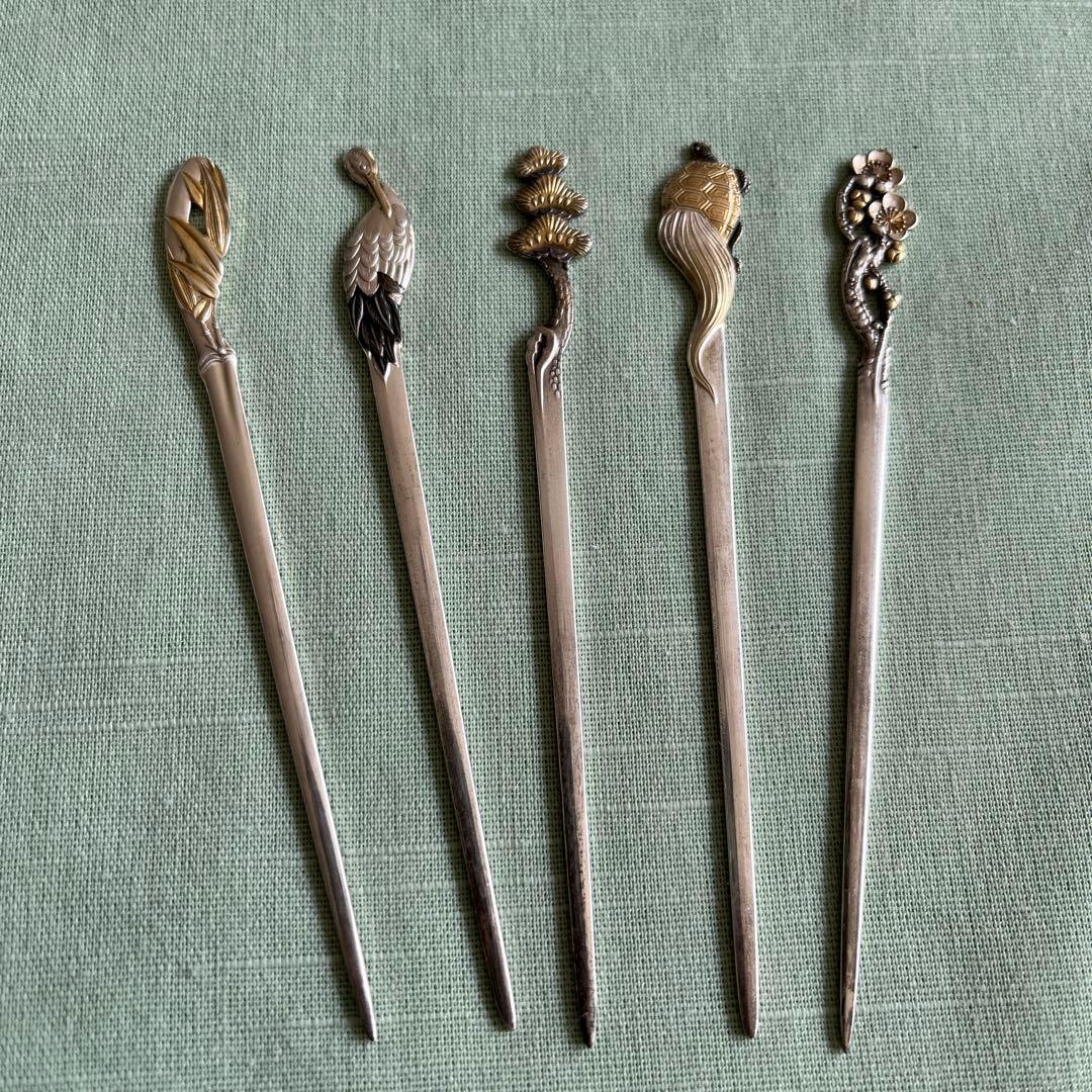 銀製菓子楊枝5本セット松竹梅鶴亀