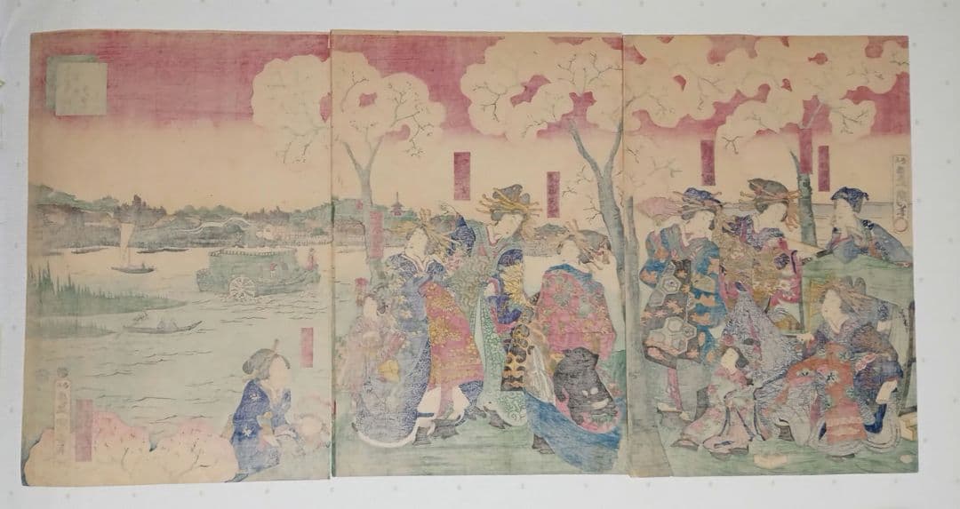 浮世絵版画、全盛楼花見夕栄（蒸気船)三枚綴り、景色昇斎画、人物三世豊国実は4代画