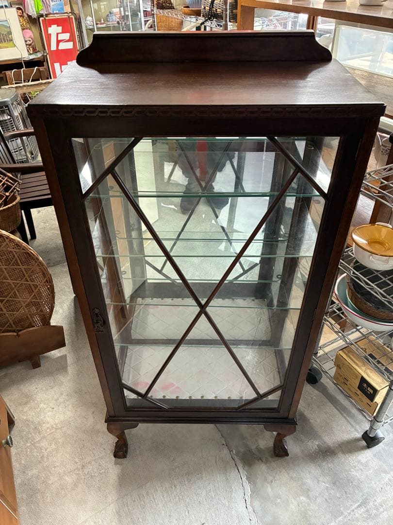 ビンテージ ガラスキャビネット ダークブラウン　猫脚